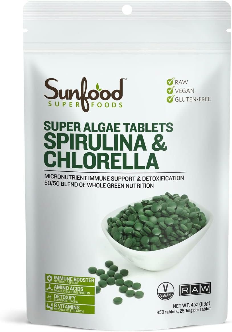 Sunfood Superfoods Chlorella Spirulina Tablets – Spirulina and Chlorella Green Algae Tablets for Women & Men, Source of Chlorophyll, B Vitamins, and Protein, Broken Cell Wall, Vegan – 4 oz Bag