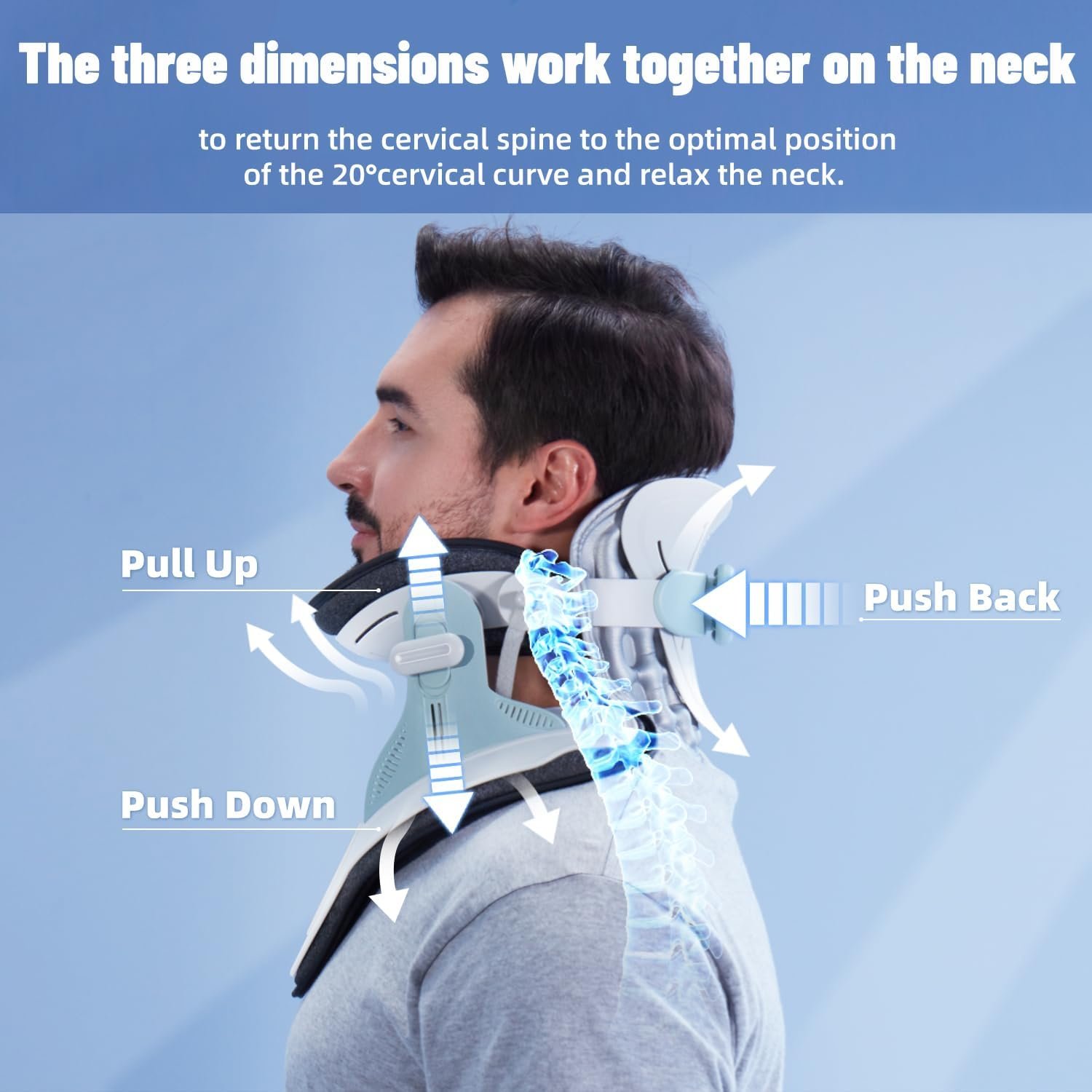 Tianfucen Cervical Neck Traction Device,Lightweight & Portable Neck Support,Adjustable Air Pump Inflatable Built-in 8 Airbag（ Light Blue）
