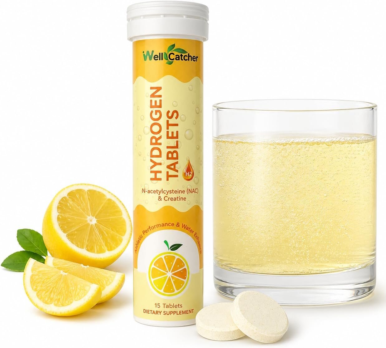 Hydrogen Tablets for Drinking Water: Molecular Hydrogen Tabs 12.4PPM with Magnesium NAC Creatine Supports Antioxidants Cellular Health Recovery Cognitive Function Vegan Organic Lemon Flavor