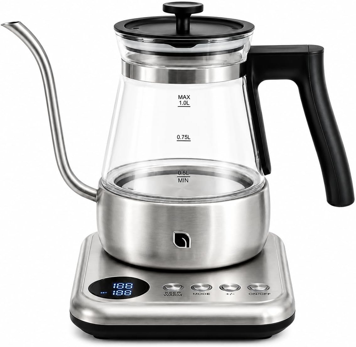 WILLOW Glass Gooseneck Electric Kettle, 5 Temperature Control Presets & Keep Warm, Pour Over Kettle for Coffee & Tea, 1L 1200W Hot Water Boiler, Non-Toxic BPA-Free Electric Tea Kettle, LED Display