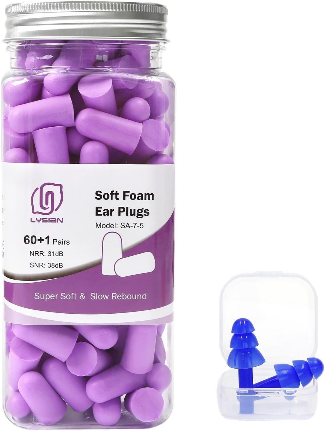 LYSIAN Soft Foam Ear Plugs for Sleeping, 60 Pairs, 38dB SNR, Purple