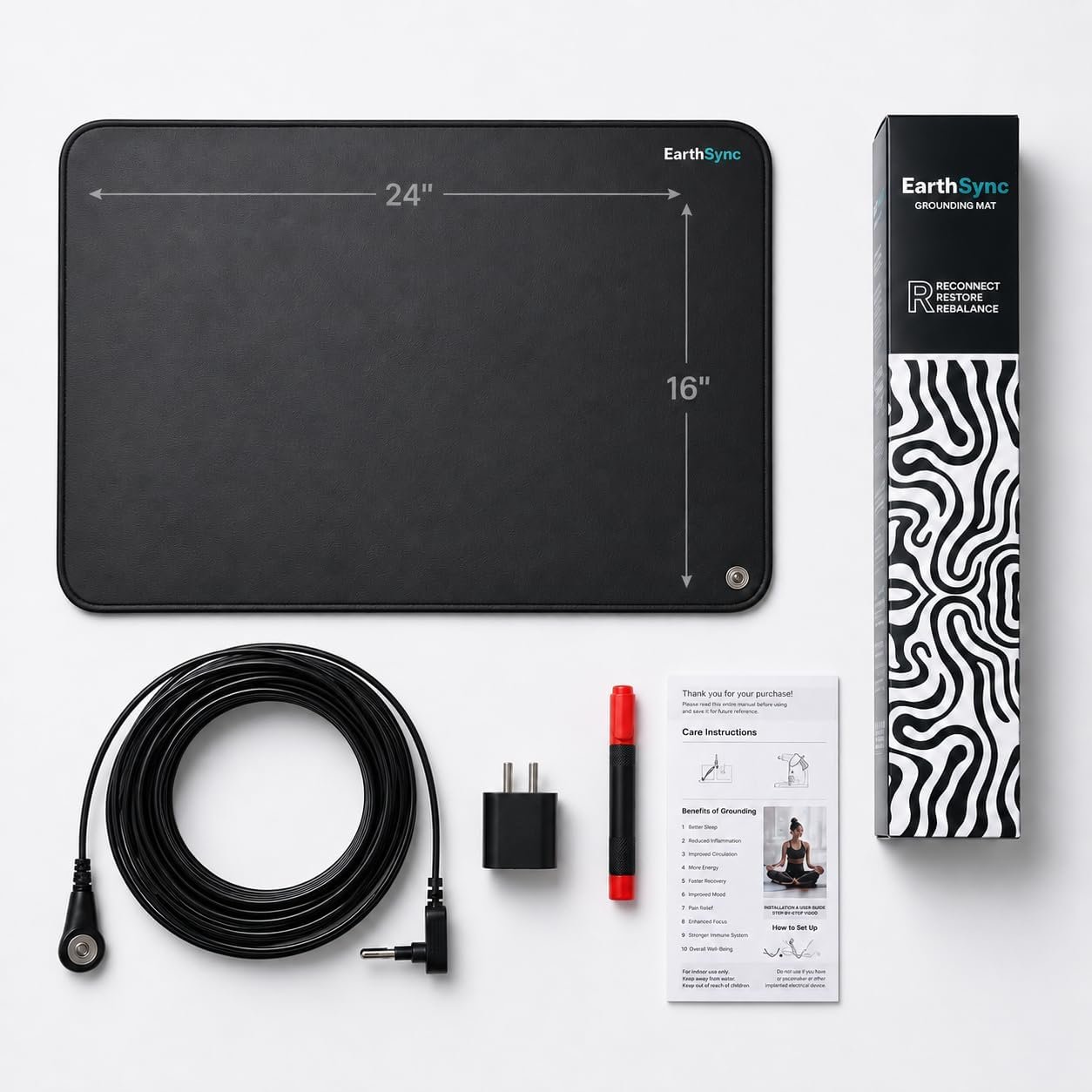 Grounding Mat for Feet, Desk & Floor 24×16″ Earthing Mat Kit with 15ft Cord, Tester Pen & US Adapter 3mm Conductive Grounding Pad for Energy, Recovery, Sleep Support & Everyday Calm