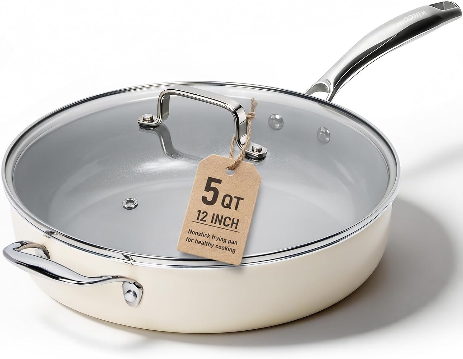 Kikcoin 12 INCH Ceramic Nonstick Deep Frying Pan with Lid, 5 QT Saute Pan