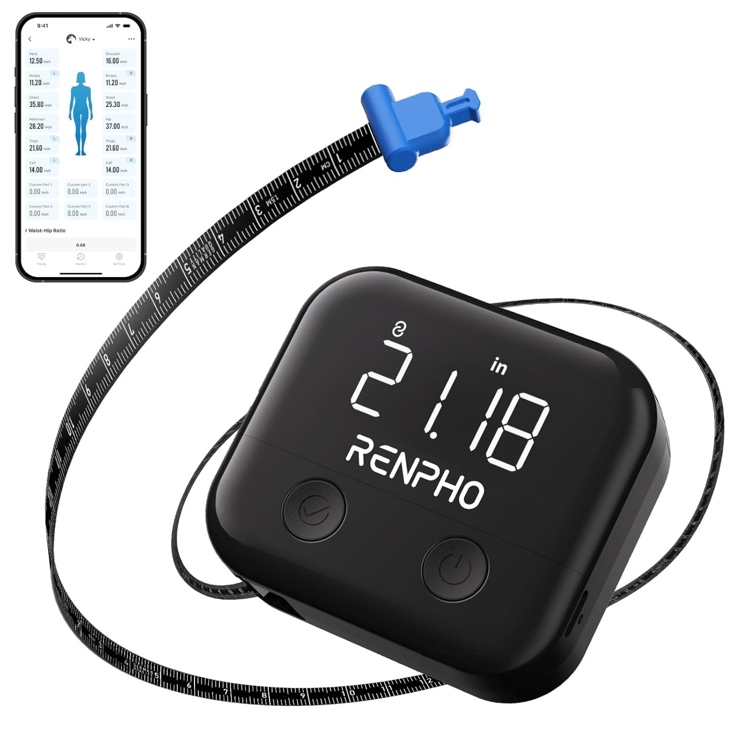 RENPHO Smart Body Measuring Tape for Weight Loss, Rechargeable, LED Display