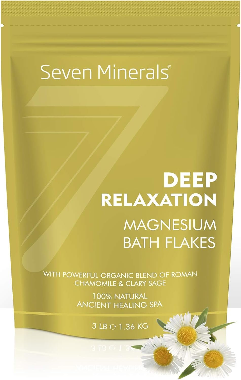 Seven Minerals Deep Relaxation Magnesium Chloride Flakes 3lb – Absorbs Better Than Epsom Salt – Unique Full Bath Soak Formula for Stress and Relaxing with Roman Chamomile & Clary Sage