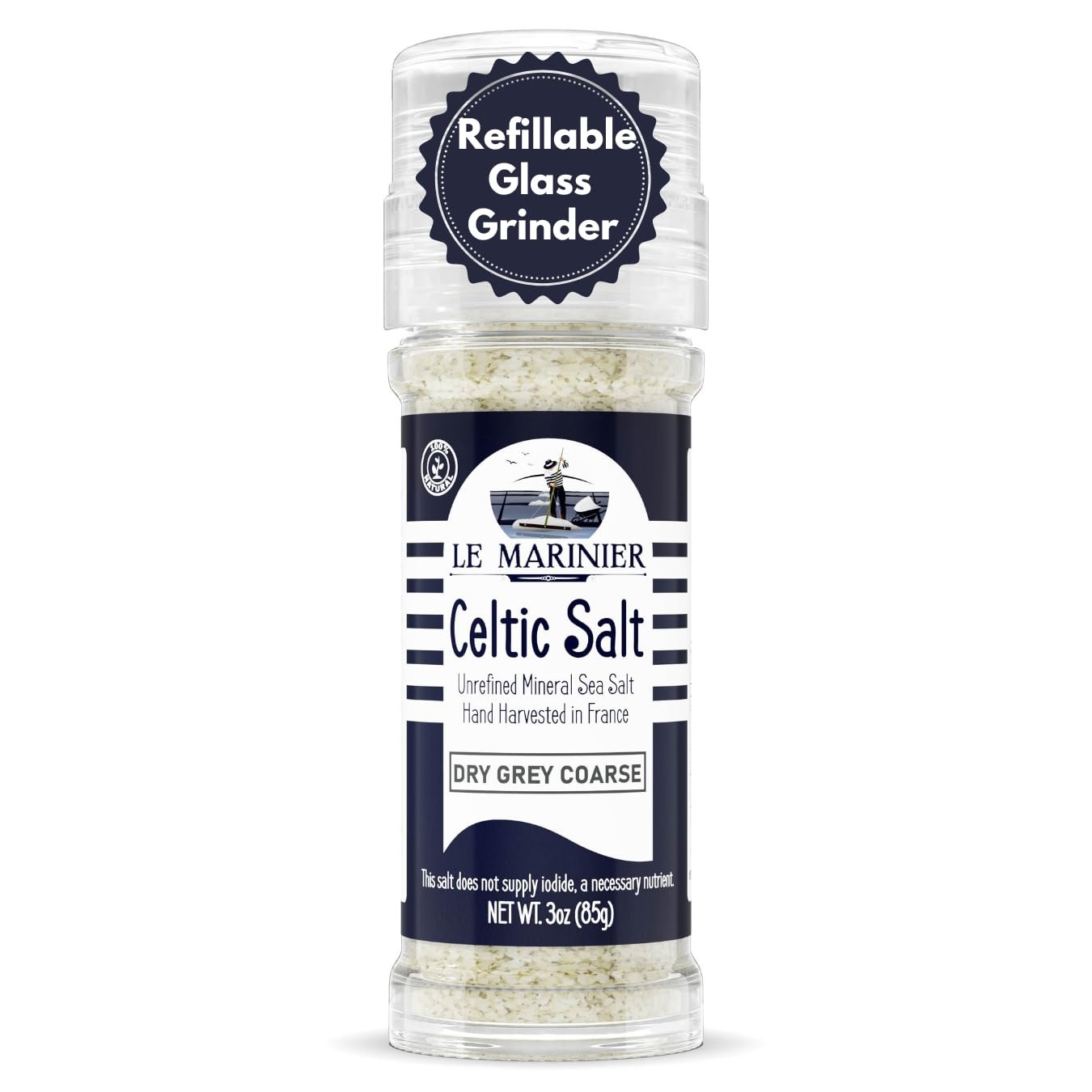 Le Marinier French Sea Salt Dry Grey Coarse, 3oz Refillable Glass Grinder. Mineral Rich 100% Natural and Unrefined. Coarse Celtic Salt Organic. Hand Harvested Mineral Salt (3oz)