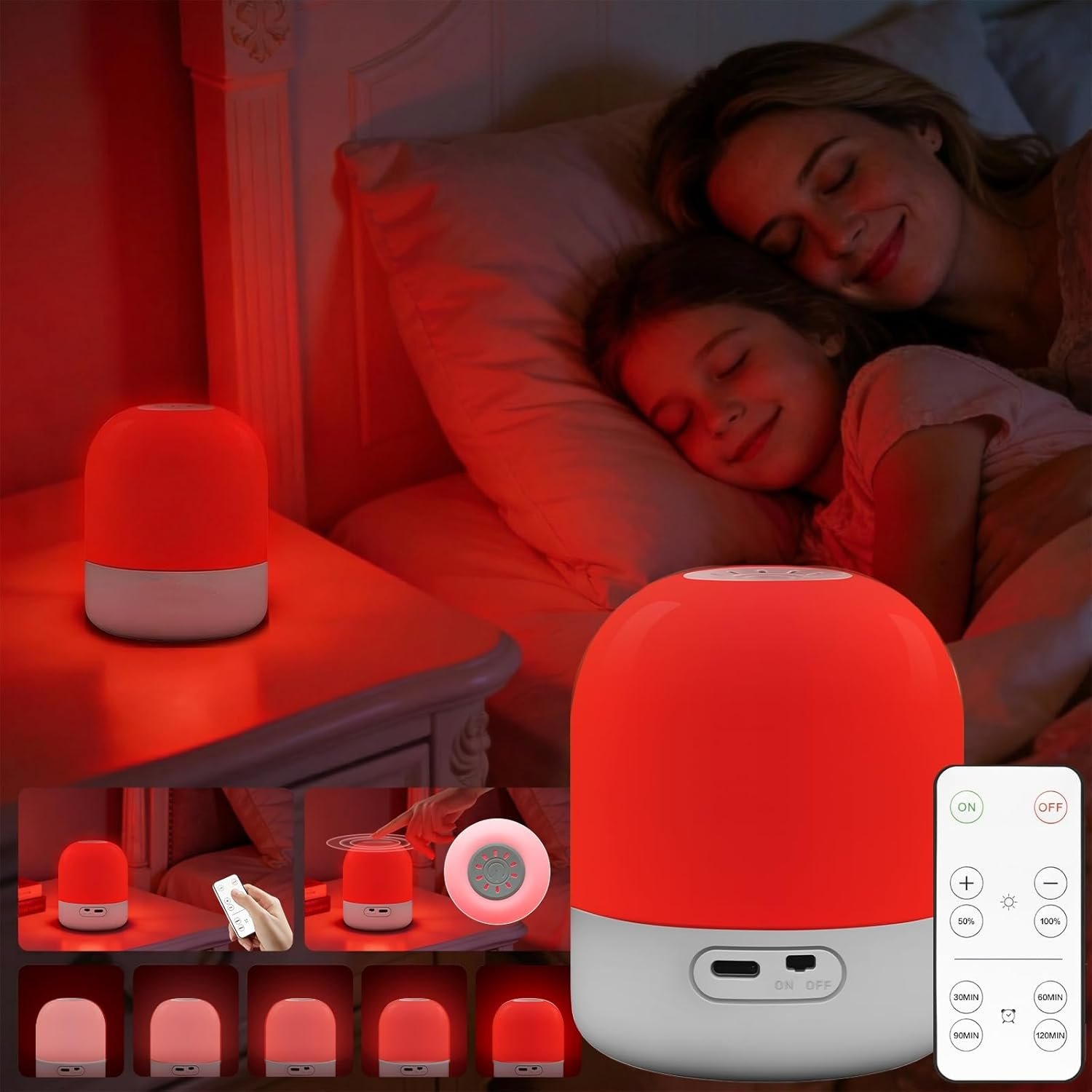 BoRccdit 670nm Red Light for Sleep, 100% Blue Light Blocked & 10%-100% Dimmable & 4 Timers & Remote + Touch, Rechargeable Long Lasting Red Night Light Sleep Lamp for Bedroom, Nursery, Reading