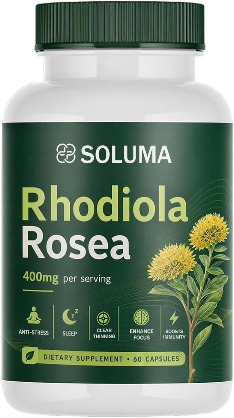 Soluma Rhodiola Rosea, Organic Natural Adaptogen Supplement with Bioperine, Energy, Stress and Mental Focus Support, 60 Capsules
