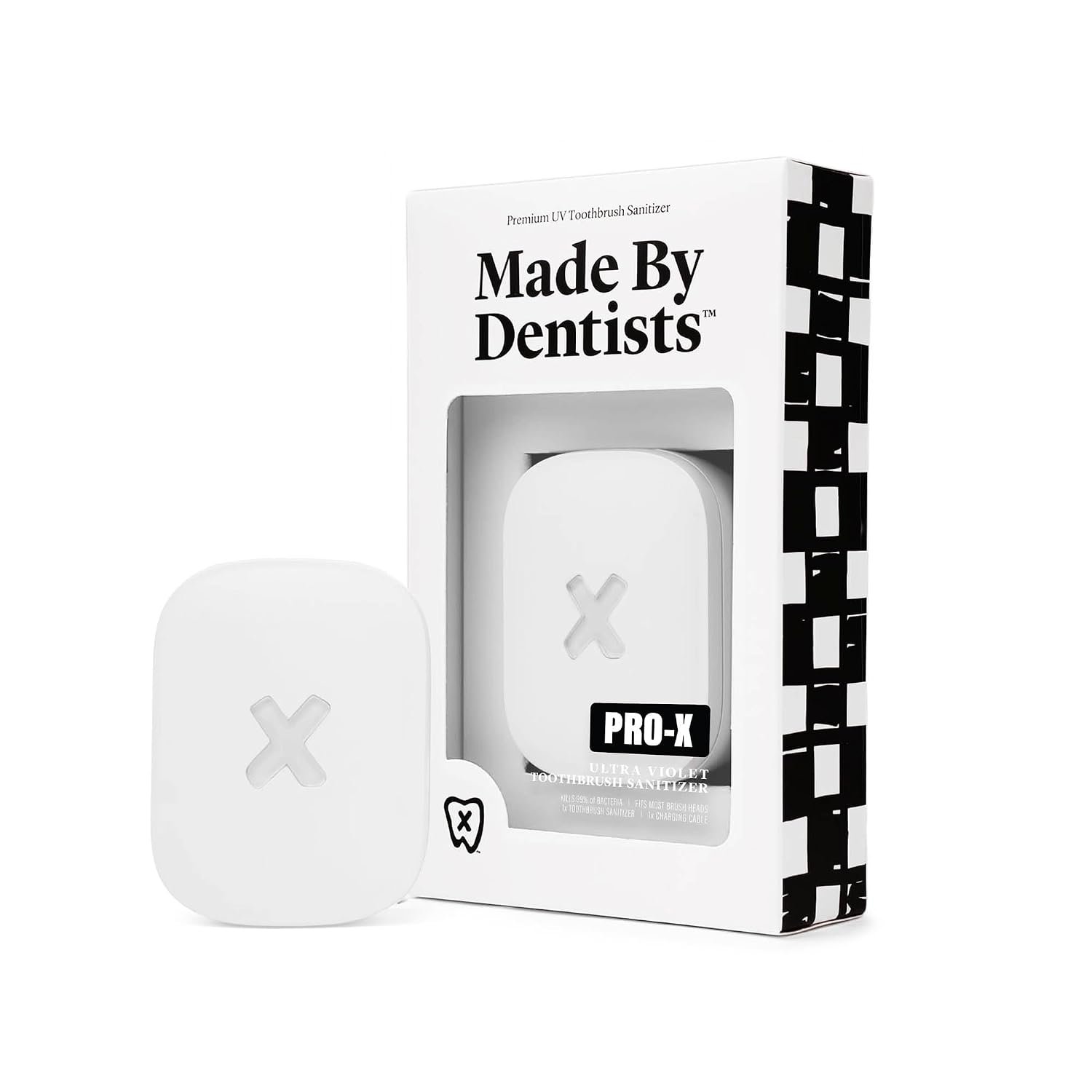 Made By Dentists PRO-X UV Toothbrush Sanitizer Clip – 5-Minute UV-C Cycle, 30-Day Battery, Universal Fit for Manual & Electric Toothbrushes, TSA-Friendly, Portable, White