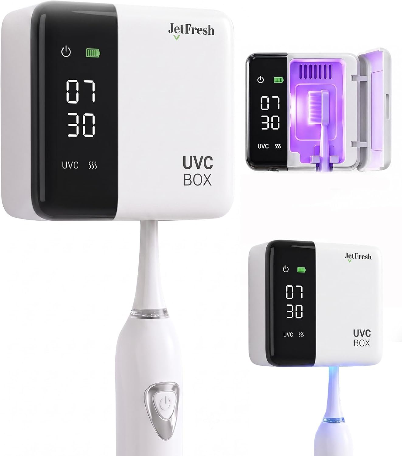 Jetfresh UV Toothbrush Sanitizer Holder & Cleaner with LED Clock Display, Fan Drying & Heating | Wall-Mounted & Portable Toothbrush Sanitizer and Holder Case for Bathroom & Travel. Fits All Brushes.