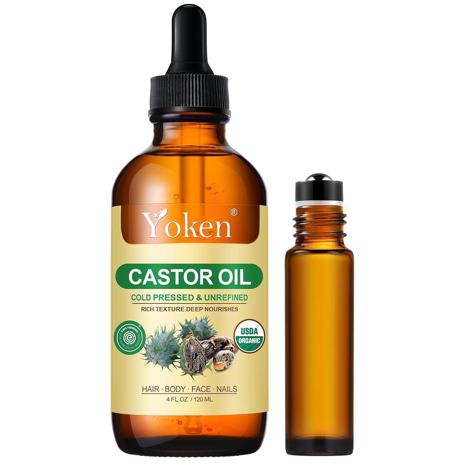 Yoken USDA EWG Castor Oil 4oz, Cold Pressed Hexane Free with Roller Bottle