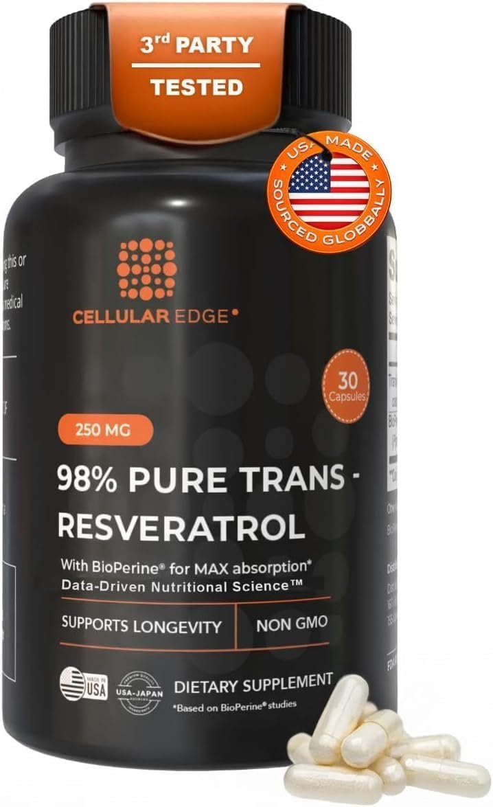 Trans-Resveratrol 250mg Supplement, 98% Pure, 30 Capsules