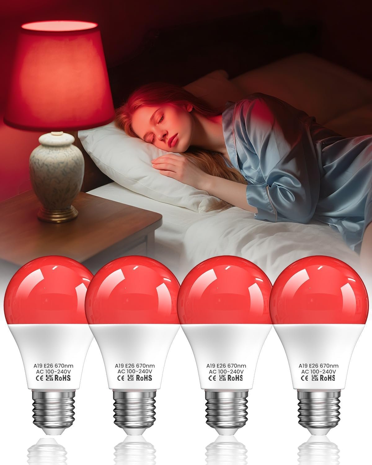 Lustaled 7W 670nm Red Light Bulb for Sleep, 100% Blue Light Blocking Red Night Light Bulbs for Melatonin Promote, A19 E26 50W Equivalent LED Red Bulb for Bedroom Lamp, Baby Nursery, Reading, 4-Pack