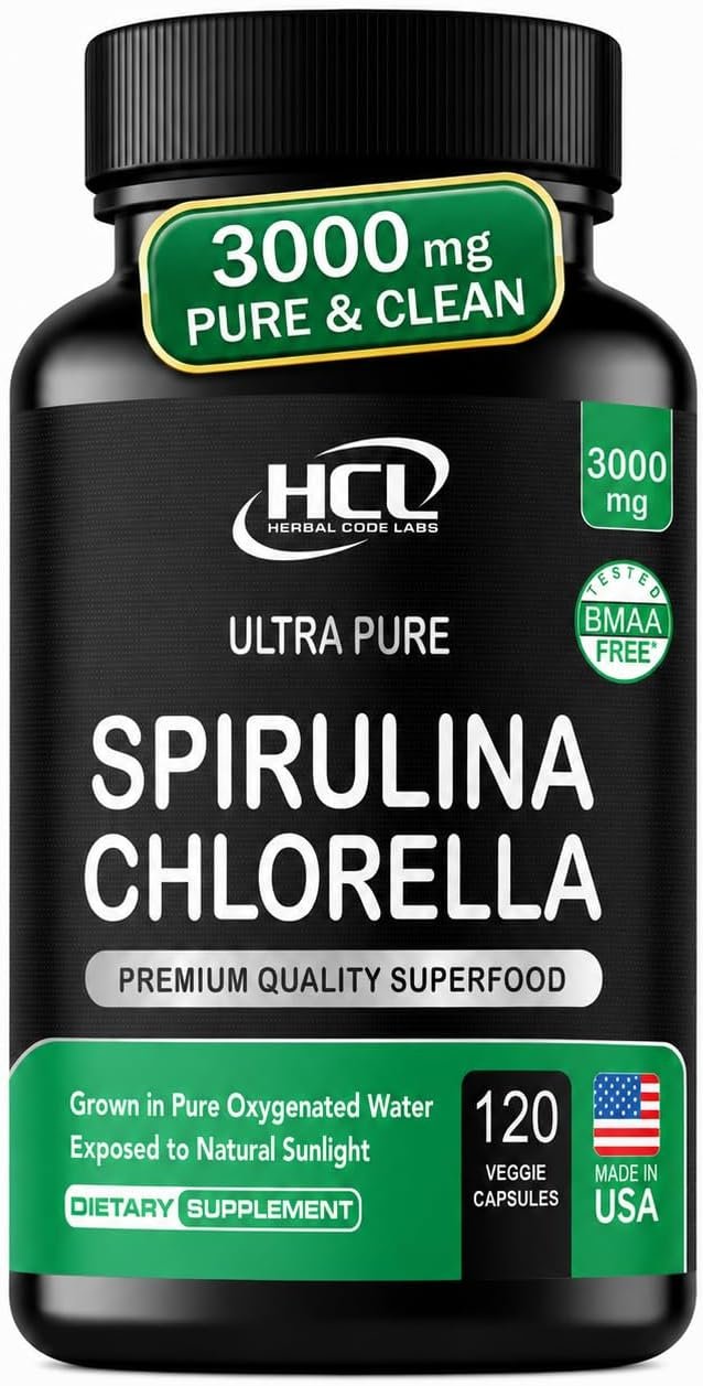 Chlorella Spirulina Powder Capsules 3000 mg of BMAA Free Purest Blue Green Algae – Best Natural Detox Raw Vegan Vitamins Protein Green Superfood – Made in USA