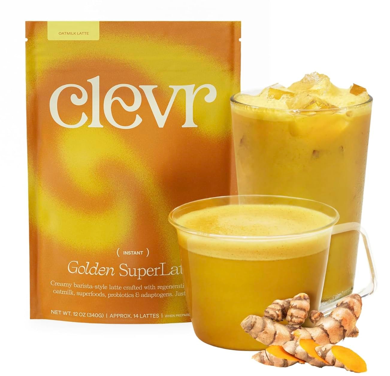 Clevr Turmeric Powder, Golden Milk Instant Latte Mix, Superfood Powder with Lions Mane, Reishi Mushroom, Organic Spices, Coconut Cream, Ashwagandha, Serve Hot or Iced, (14 Lattes)