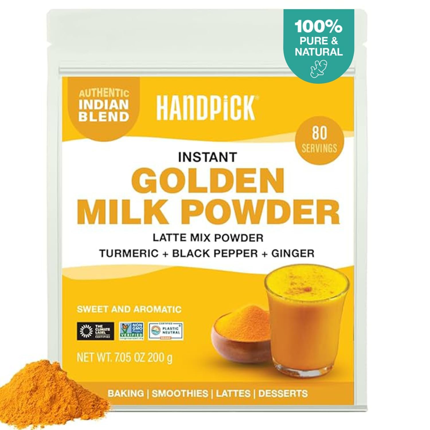 HANDPICK Golden Milk Powder with Turmeric Curcumin (7oz|80 Servings)