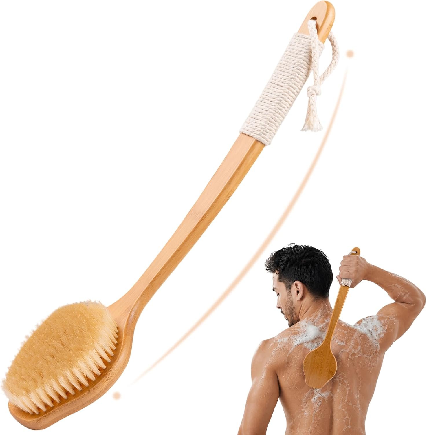 Back Scrubber for Shower，17in Bamboo with Curved Long Handle – Stiff Natural Boar Bristles for Men and Women, Deep Cleansing and Exfoliating, Anti-Slip Grip for Wet or Dry Brushing