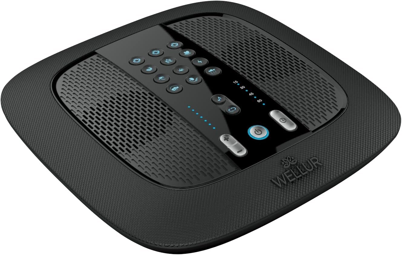 WELLUR – Stereo Sound White Noise and Natural Sound Sleep Machine with Relaxing Spa Music. Dual Build in Speakers & 3.5mm Headphone Jack, with Timer Option and USB 2.1A Port. Adapter Included (Black)
