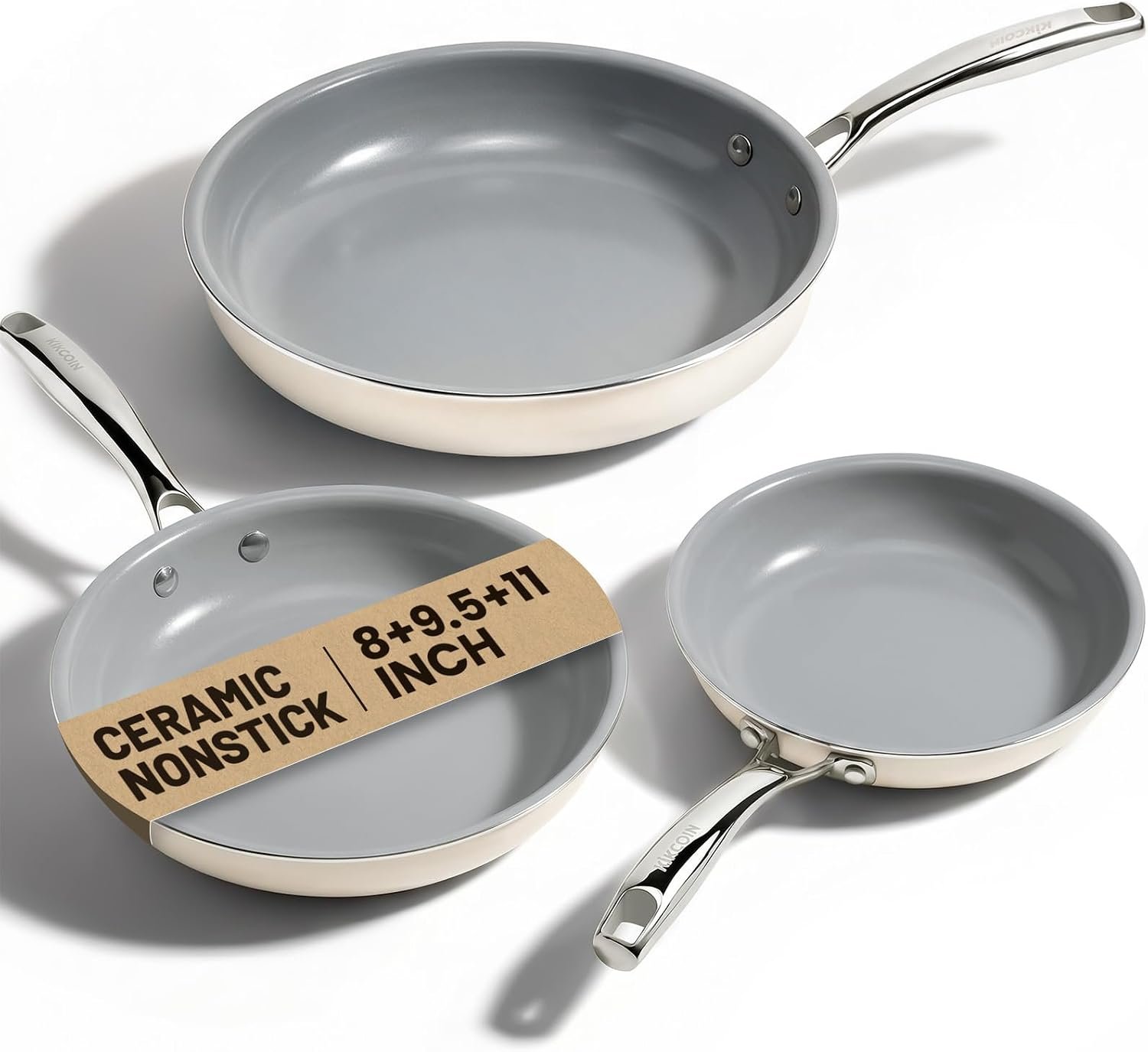 Kikcoin Ceramic Nonstick Frying Pans Set, 3 Piece Skillets (8″+9.5″+11″)