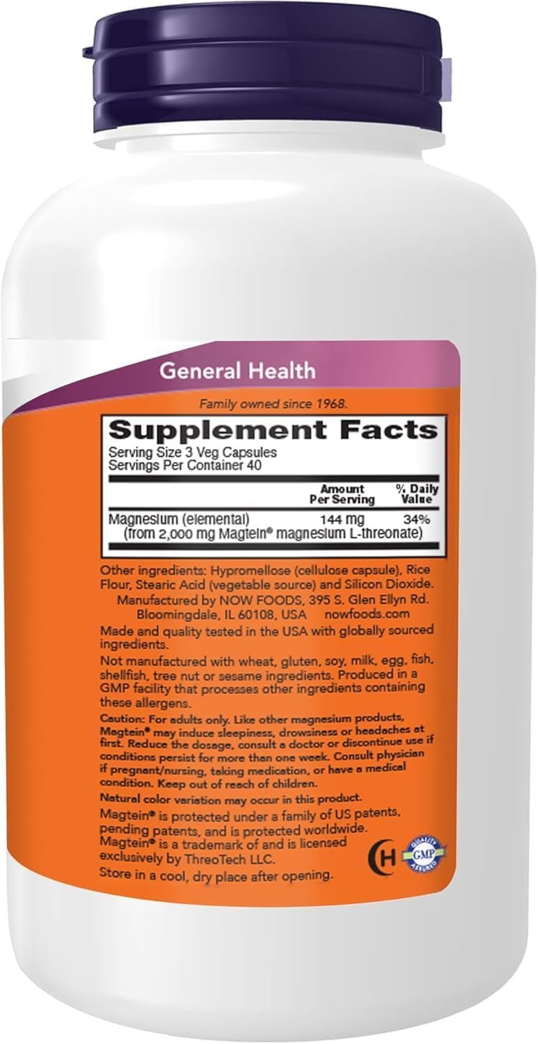 NOW Foods Supplements Magtein, Magnesium L-Threonate, Cognitive Support*, Veg Capsules, 120 Count (Pack of 2)
