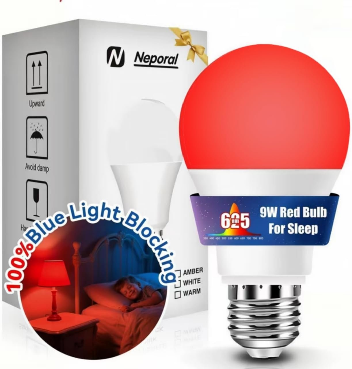 Neporal Red Light Bulb for Sleep, Ture Blue Light Blocking for Melatonin Promote, 625nm A19 Flicker-free 9W 60W Red LED Bulb for Sleep Aid, Read, Baby Nursery, Bedroom 1PK (White When Off,Red When on)