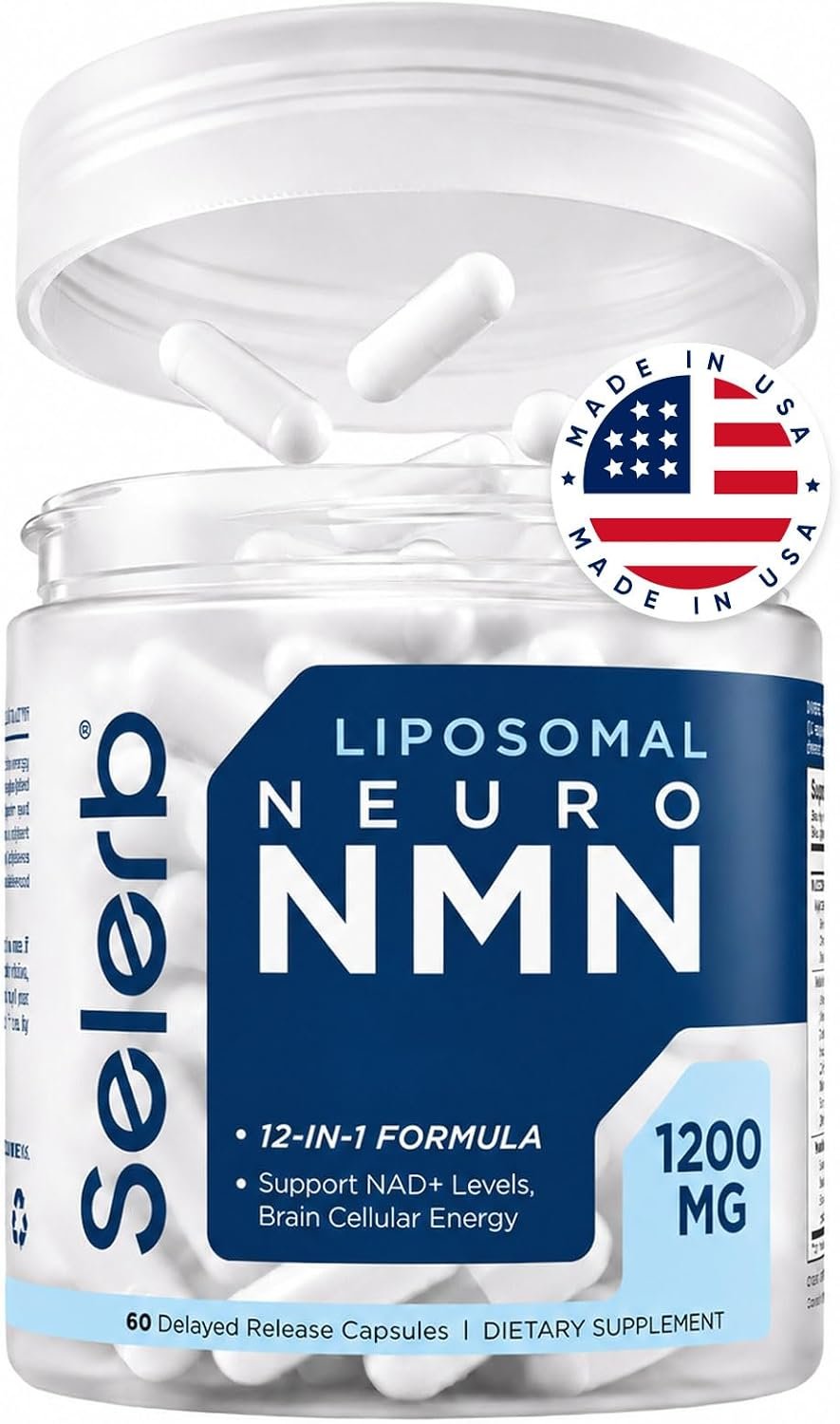 Selerb NMN Supplement Liposomal Neuro NMN with Resveratrol, TMG, Quercetin, CoQ10, Rhodiola, NAC, Astaxanthin & Magnesium NAD+ Precursor Supports Brain Cellular Energy (1 Bottle – Liposomal NMN)