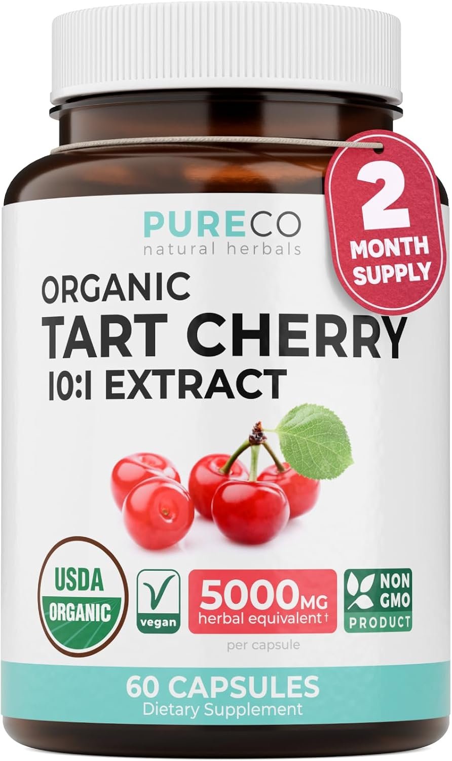 USDA Organic Tart Cherry Capsules – High Strength 500mg 10:1 Organic Tart Cherry Extract per 1 Capsule Serving for Antioxidant & Uric Acid Support – Vegan Non-GMO & Lab Verified (2 Months Supply)