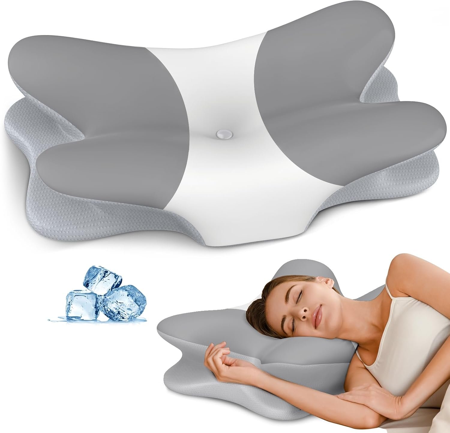 Cervical Neck Pillow for Pain Relief – Ergonomic Pillow for Neck Support, Contour Memory Foam Pillows for Sleeping, Orthopedic Bed Pillow for Side Back Stomach Sleepers (Dark Gray & White)
