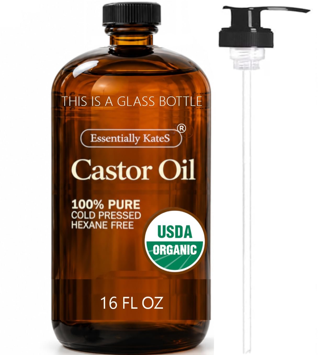 Essentially KateS Castor Oil 16 Fl Oz (Glass Bottle) – 100% Cold Pressed – USDA Organic Certified – Skin Care, Nail Care, Hair Care and Body Care