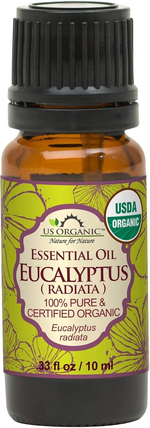 US Organic 100% Pure Eucalyptus Essential Oil (Radiata) – USDA Certified Organic, Steam Distilled – W/Euro droppers (More Size Variations Available) (10 ml / .33 fl oz)