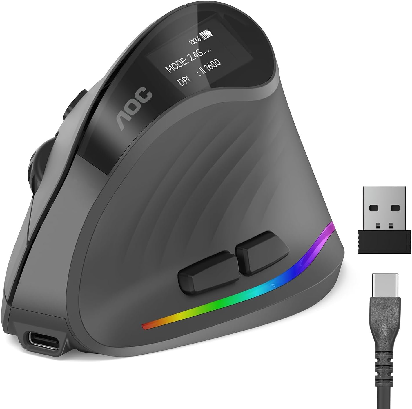 AOC Ergonomic Mouse, 2.4GHz Wireless Bluetooth Vertical Mouse, Rechargeable
