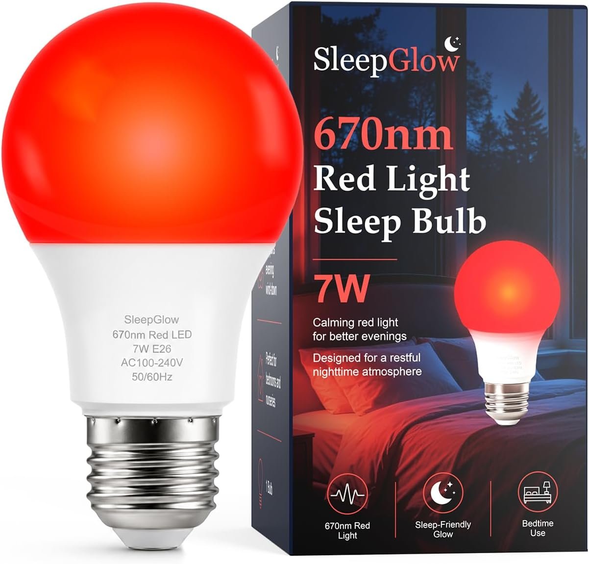Red Light Bulbs for Sleep, 670nm No Blue Light Bulbs, E26 LED Red Night Light for Bedroom, Bedside, Meditation, Relaxation and Evening Lighting, 1 Pack