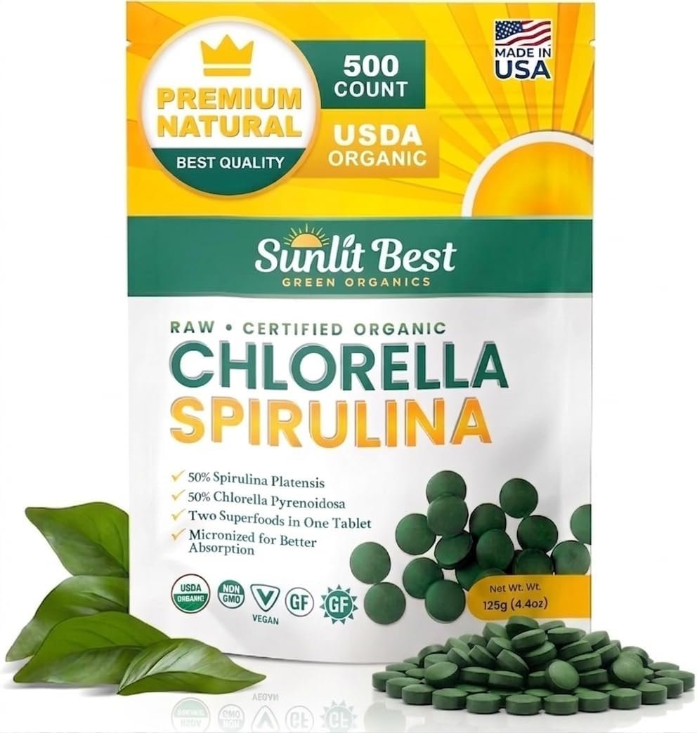 Sunlit Best Organic Chlorella Spirulina Tablets, Green Algae Pills, 500 CT