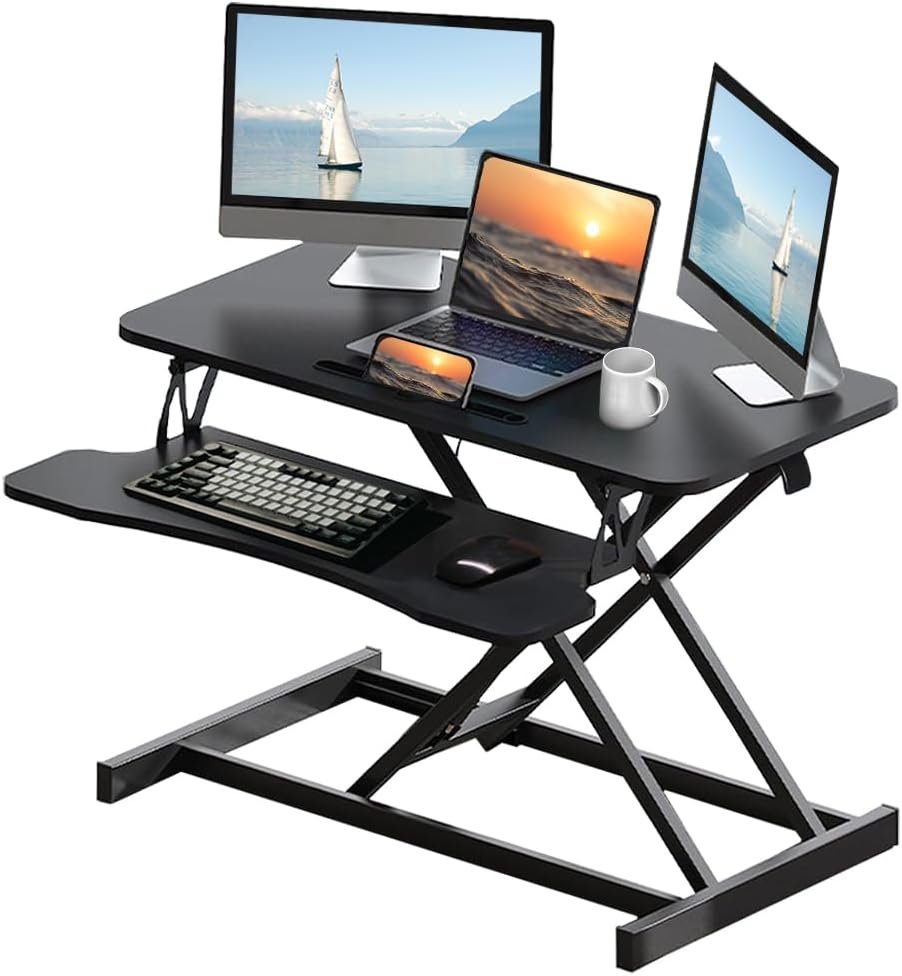 Standing Desk Converter 32 Inch, Height Adjustable Sit-Stand Workstation, Dual Monitor Riser with Wide Keyboard Tray – Office & Home Use, Black (Black)
