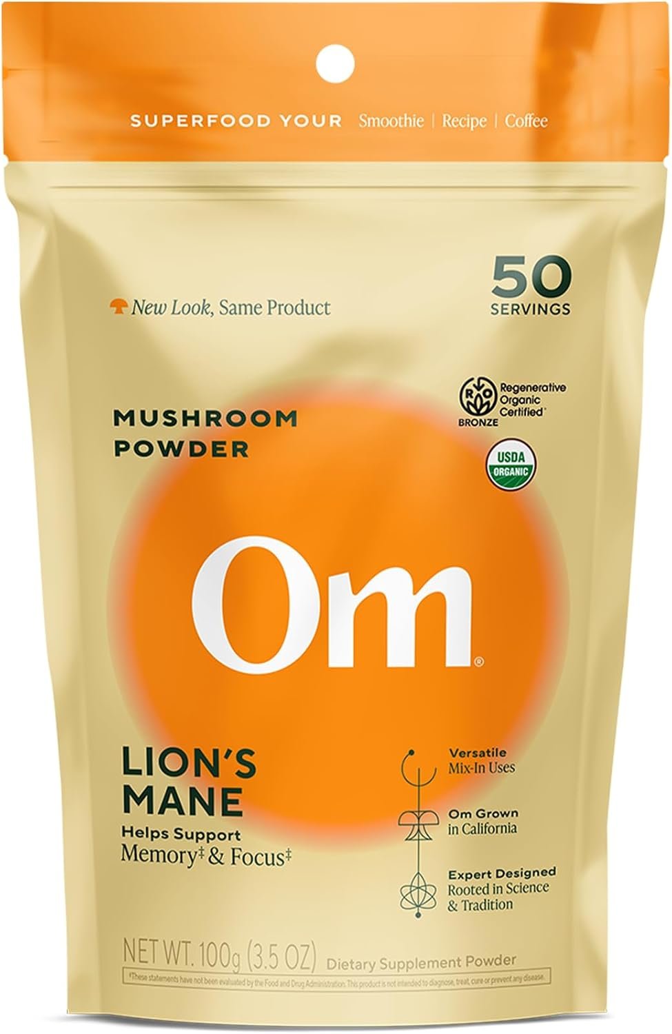 Om Lion’s Mane Mushroom Powder – Organic Mushroom Supplement and Nootropic – Support Memory, Focus and Nerve Health, 3.5 oz (50 Servings)​
