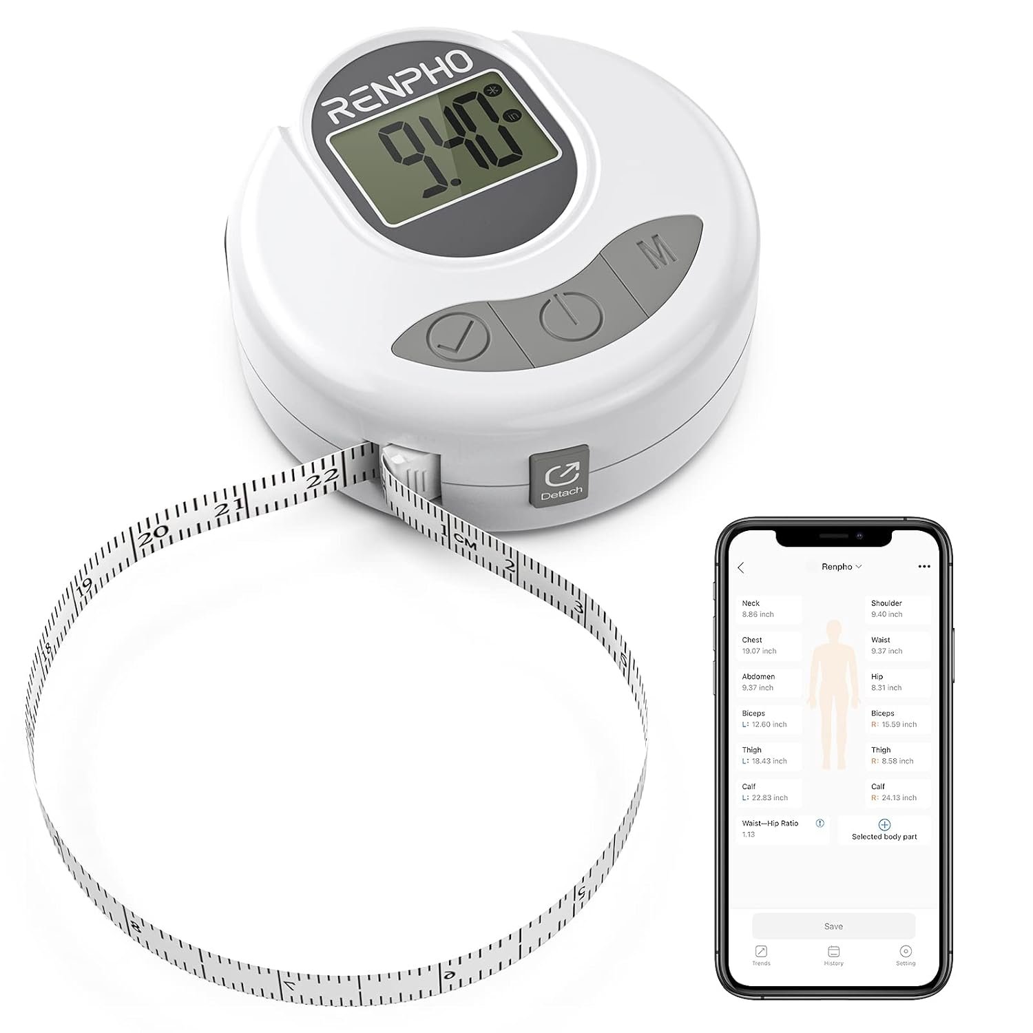 RENPHO Smart Body Measuring Tape, Bluetooth, 60in, Weight Loss Tracker