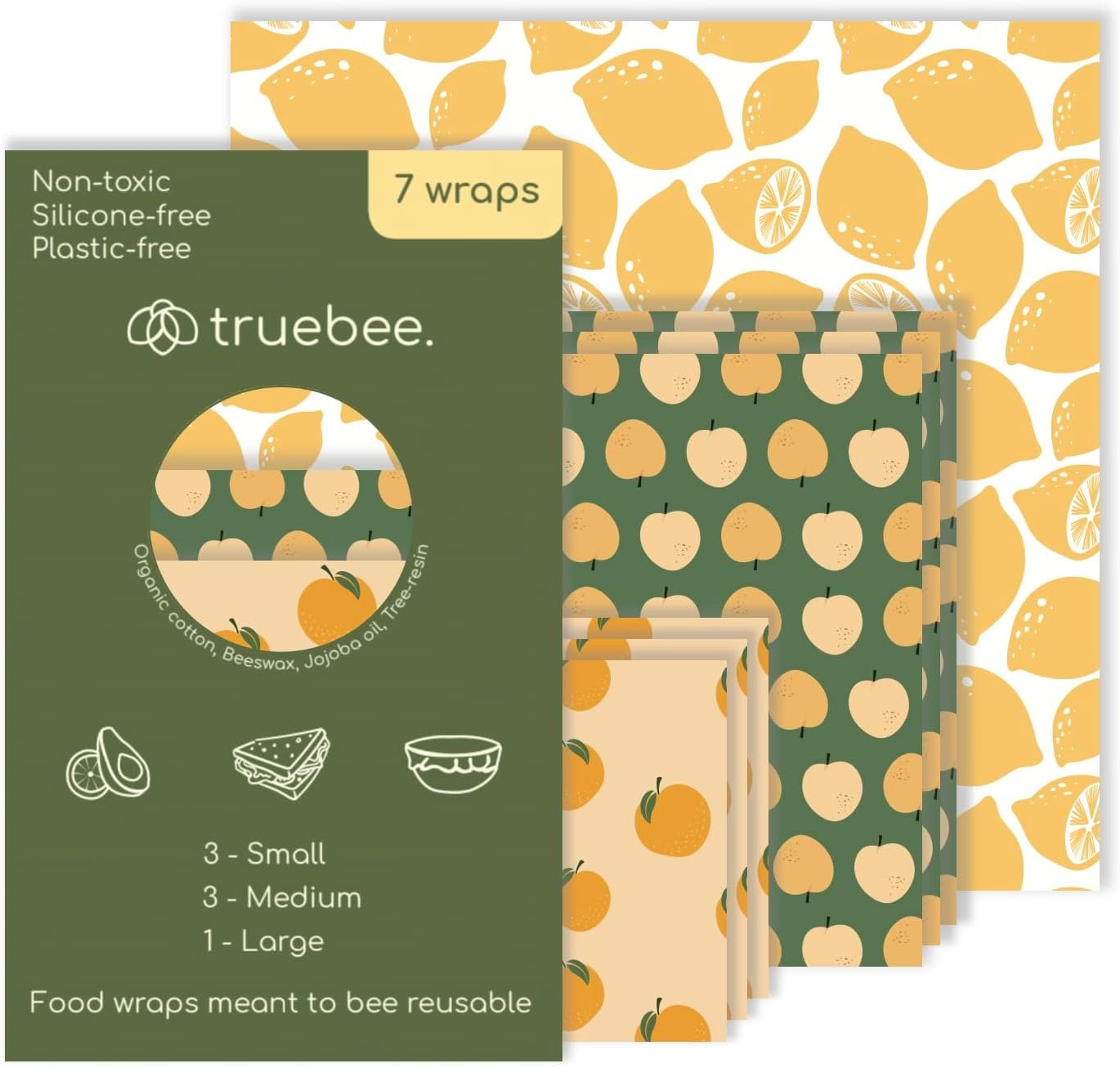 Truebee Reusable Beeswax Food Wraps 7-Pack Summer Orchard – Non Toxic, Plastic Free, Silicone Free, Sustainable, Environmentally Friendly, Cotton Beeswax Wraps (S, M, L)