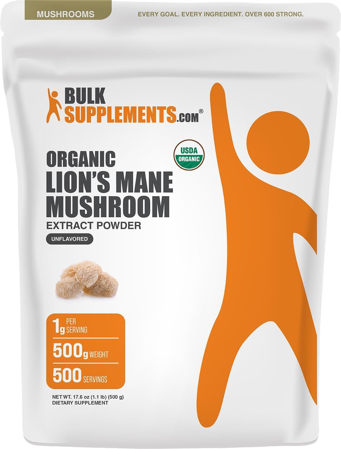 BulkSupplements.com Organic Lion’s Mane Mushroom Extract Powder – Mushroom Supplement, Brain Supplement for Memory and Focus Support – Vegan, 1g per Serving, 500g (1.1 lbs) (Pack of 1)