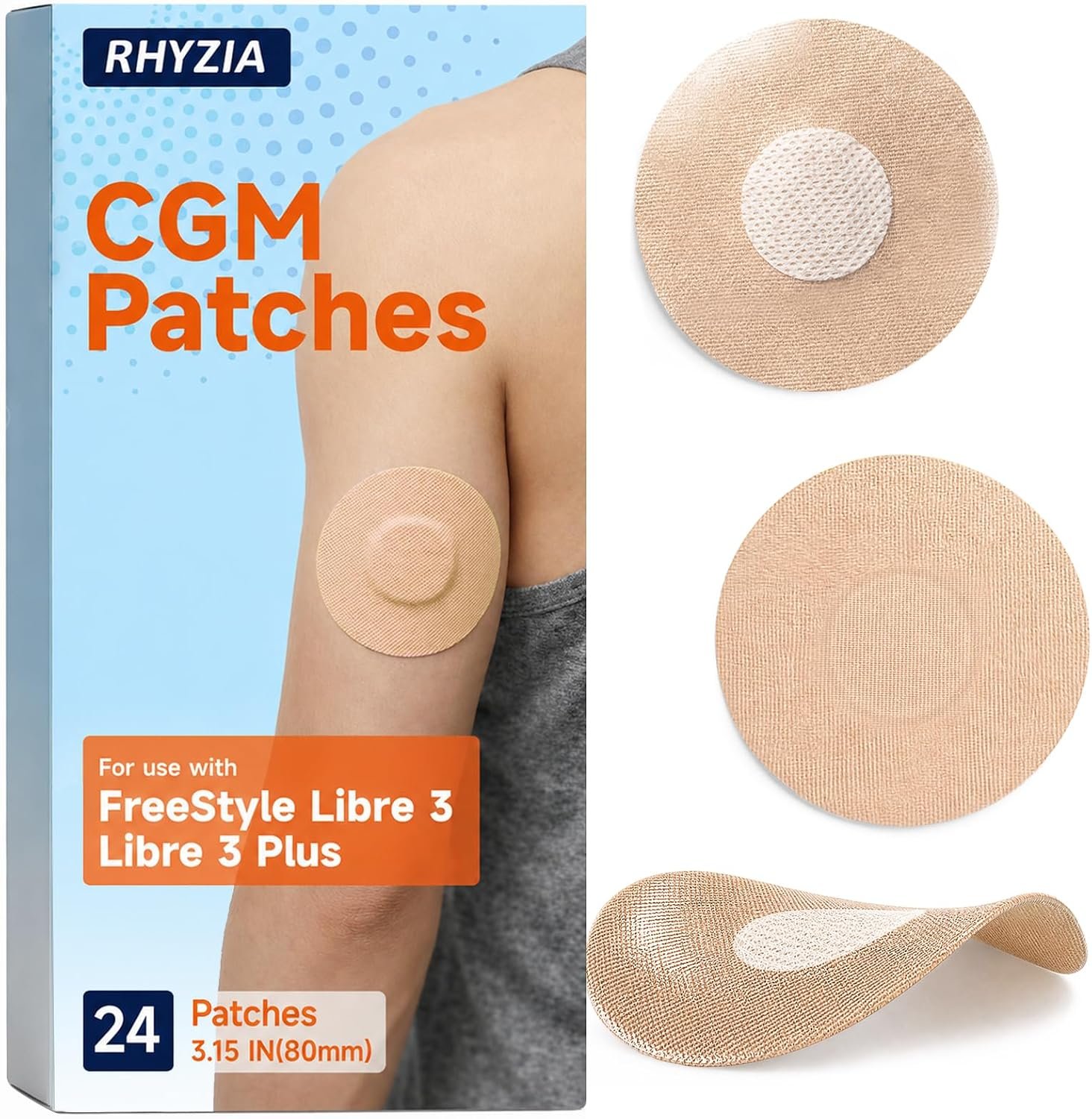 Freestyle Libre 3/Libre 3 Plus Sensor Covers, Non-Adhesive Center, Acrylic Pressure-Sensitive Adhesive, Breathable Waterproof Latex-Free, 24-Pack CGM Adhesive Patches, Low-Profile Fit (Nude)