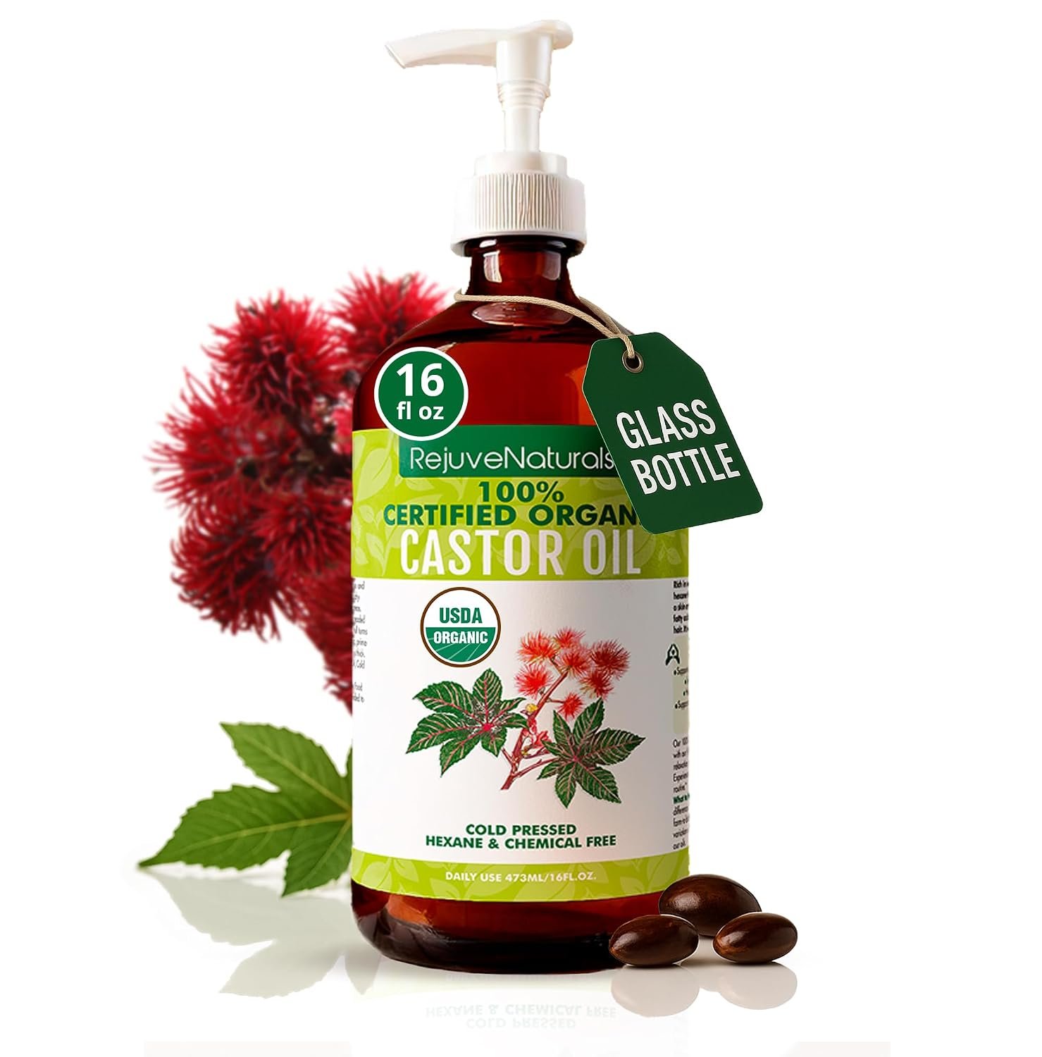 RejuveNaturals Castor Oil (16oz Glass Bottle) 100% Pure, USDA Certified Organic Cold Pressed, Hexane Free. Boost Hair Growth for Thicker, Fuller Hair, Lashes & Eyebrows.