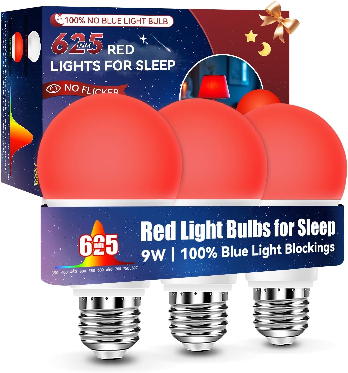 Neporal Red Light Bulbs for Sleep Aid—100% Blue Light Blocking—625nm 9W 3PK