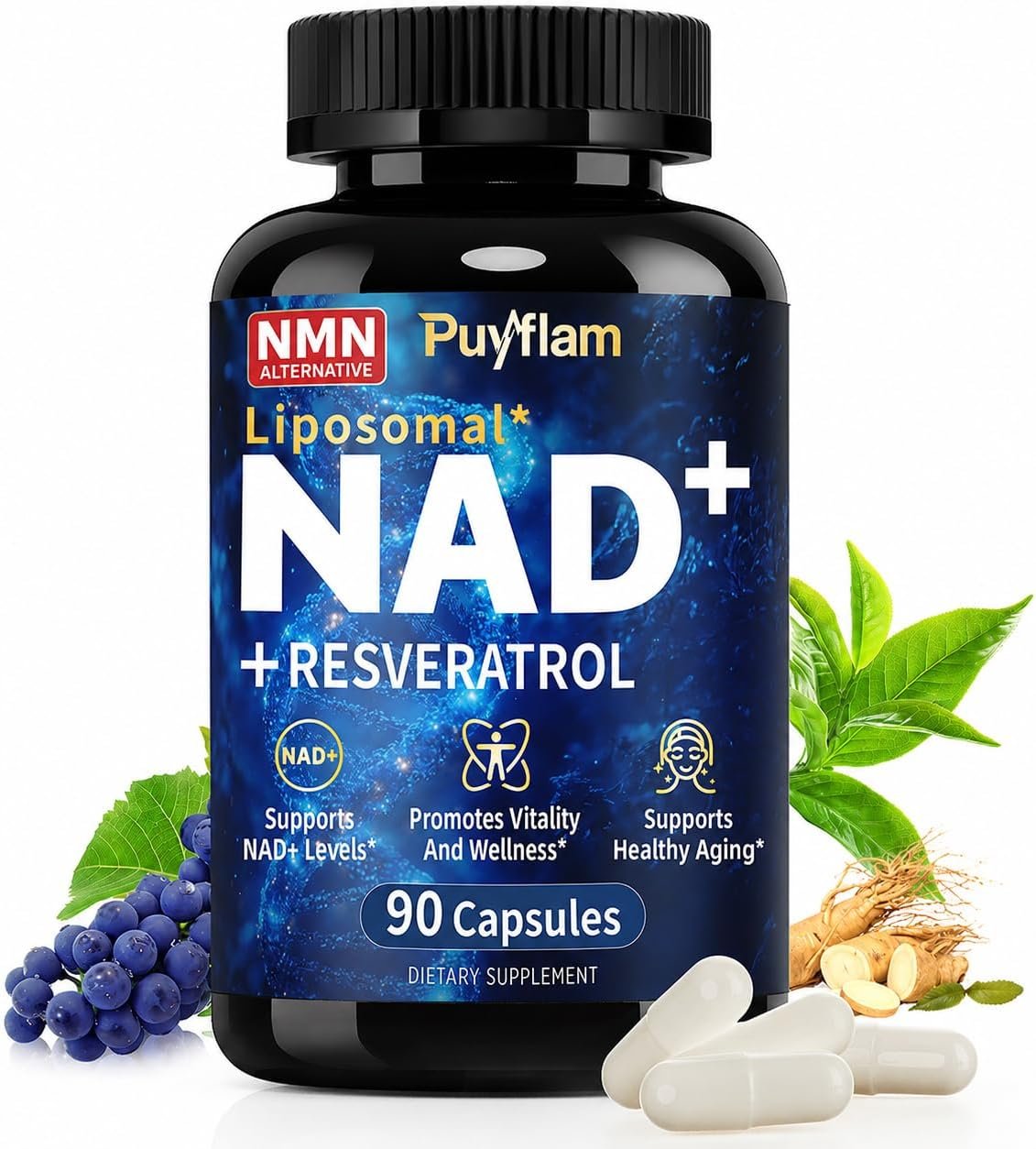 NAD Supplement, 12-in-1 Liposomal NAD+ Plus with Trans-Resveratrol, CoQ10, PQQ & Alpha Lipoic Acid, Healthy Aging & Cellular Wellness Support for Women and Men, NMN & NMNH Alternative, 90 Caps