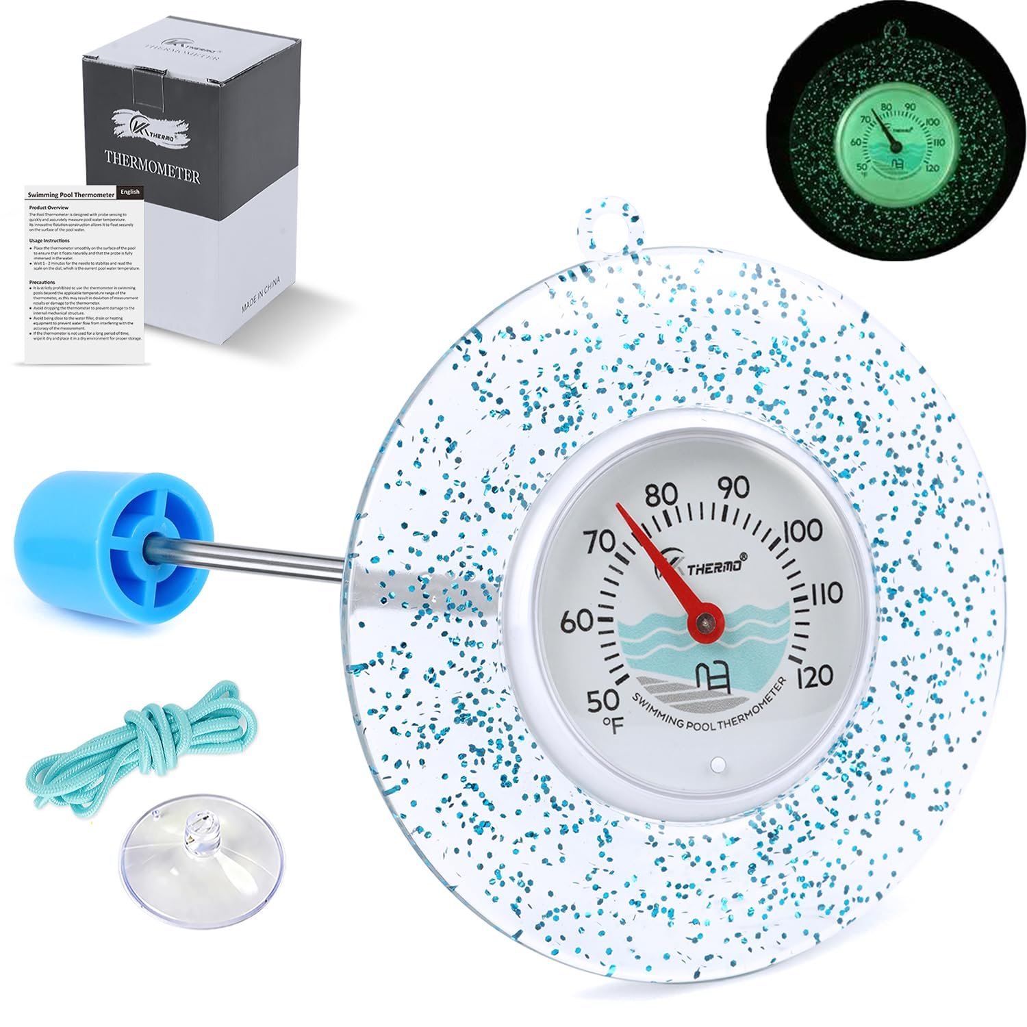 Glow Dial Floating Pool Thermometer Easy Read – Glitter Water Temp Gauge