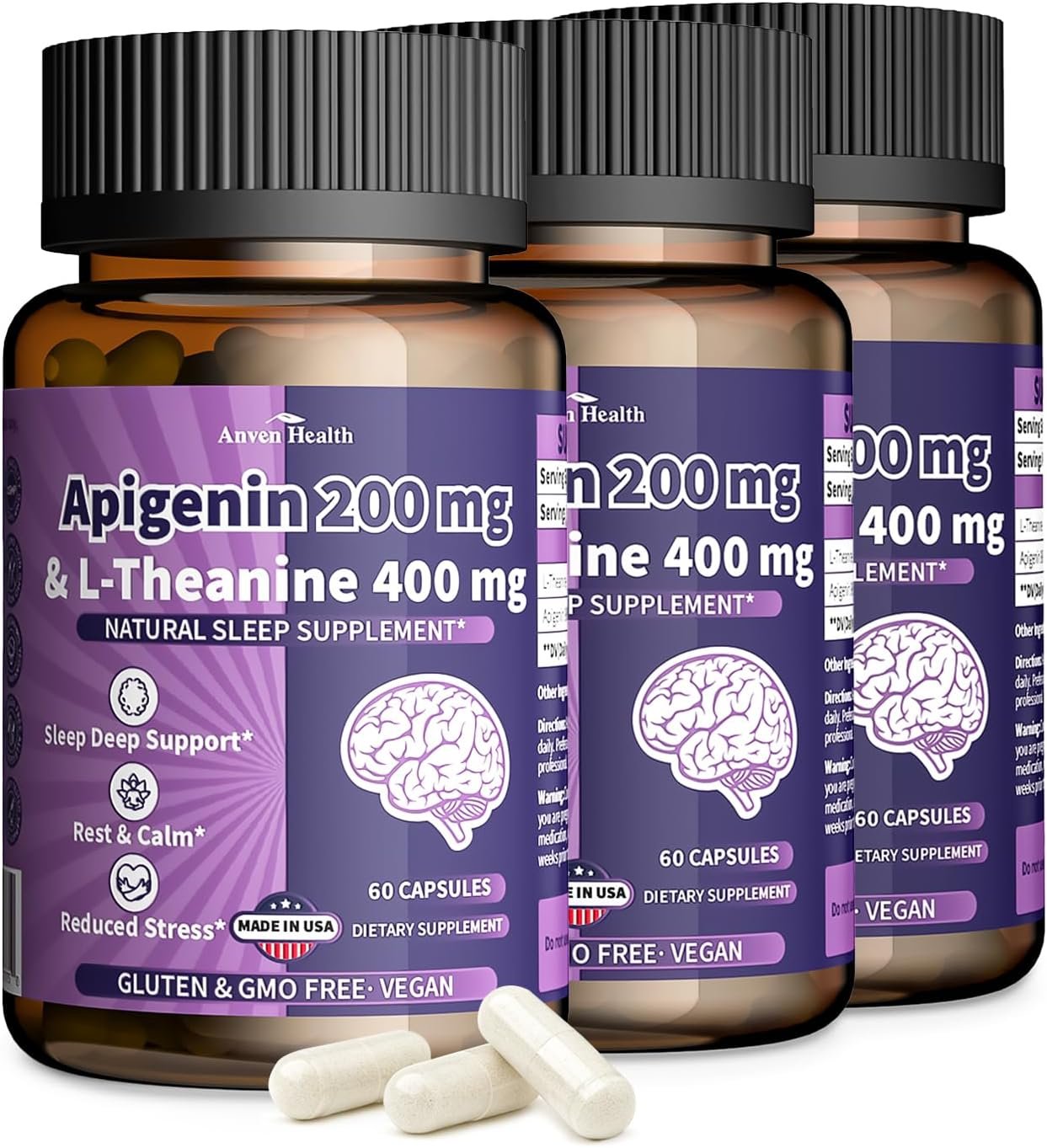 L Theanine Apigenin Supplement for Sleep Relaxation USA, 180