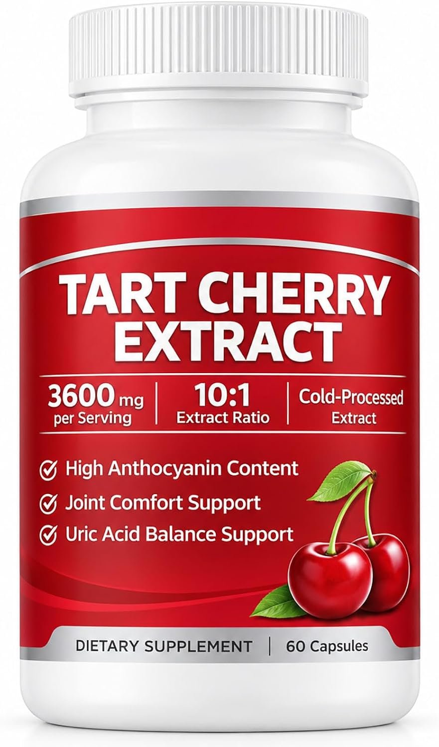Tart Cherry Extract Capsules, 10:1 Concentrated Cold-Processed Tart Cherry Supplement for Joint Comfort & Healthy Uric Acid Levels, Antioxidant Support, 60 Count