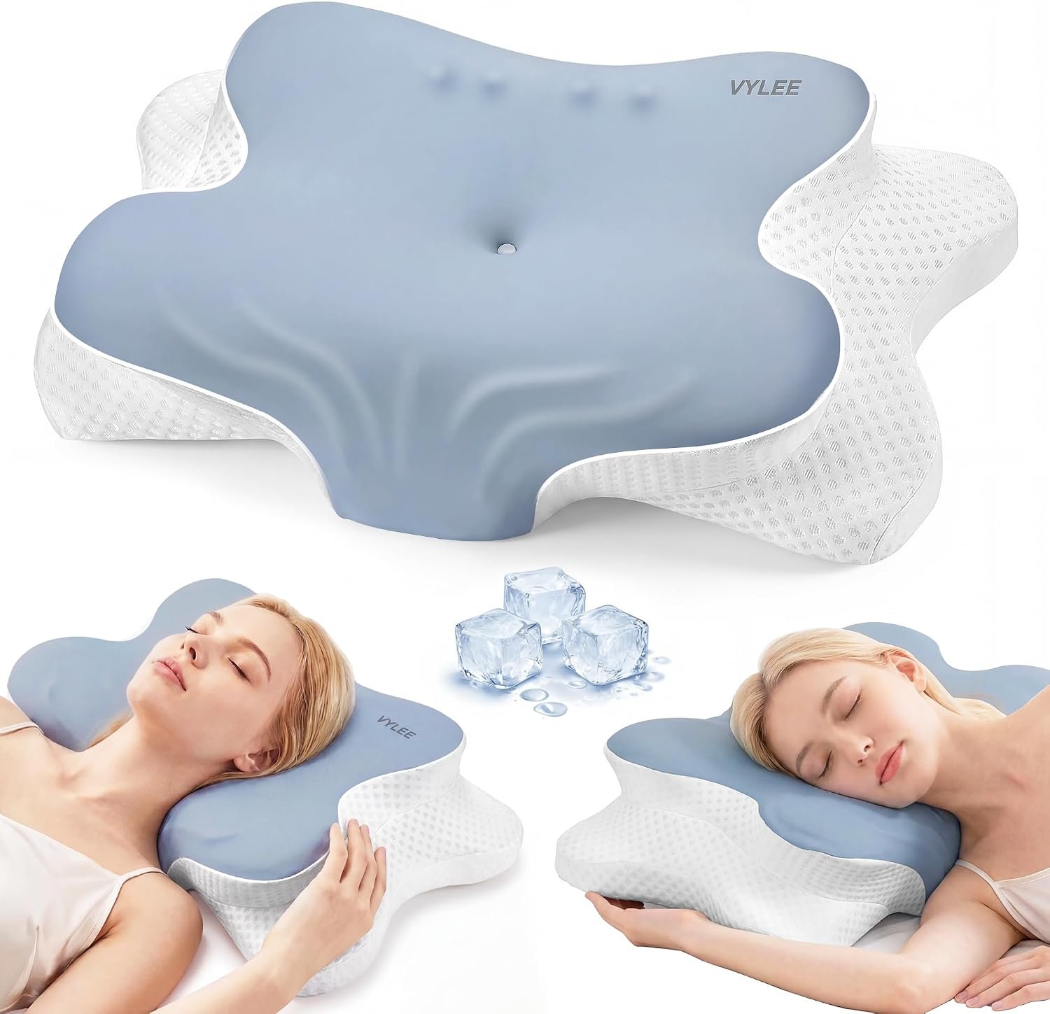 VYLEE Cervical Neck Pillow, Memory Foam Contour Pillow (Blue)