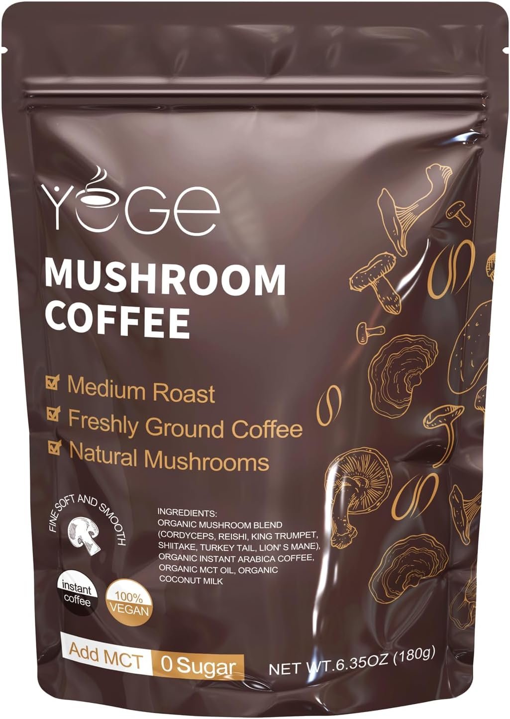 Mushroom Coffee, Instant Coffee Blend, 6 Adaptogenic Mushrooms, 30 Servings