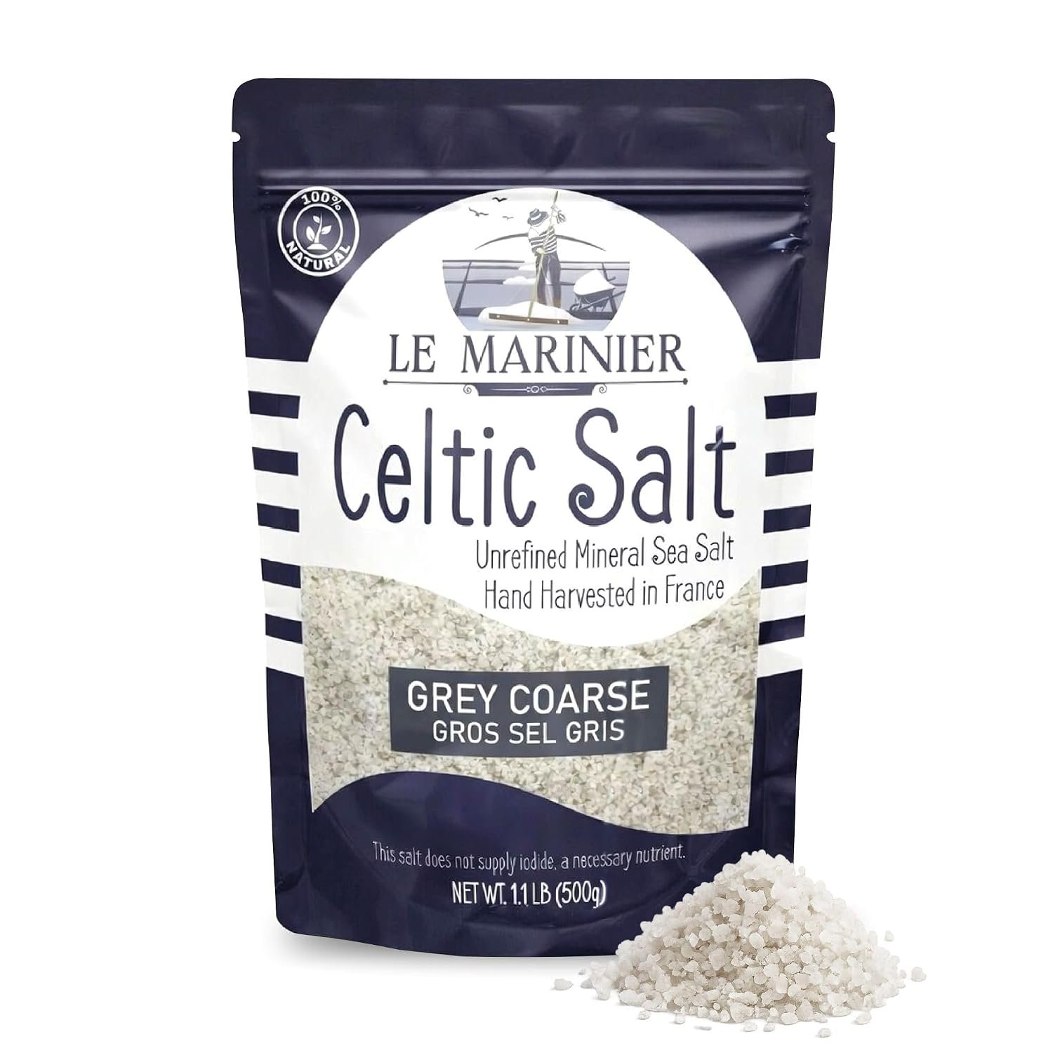 Le Marinier Celtic Salt Organic Grey Coarse, 1.1lb – 18oz | Mineral Rich, 100% Natural, Unrefined French Sea Salt, Celtic Salt Organic 80+ Minerals Coarse, Hand Harvested, Cooking, Finishing, Hydration (1.1lb Grey Coarse)