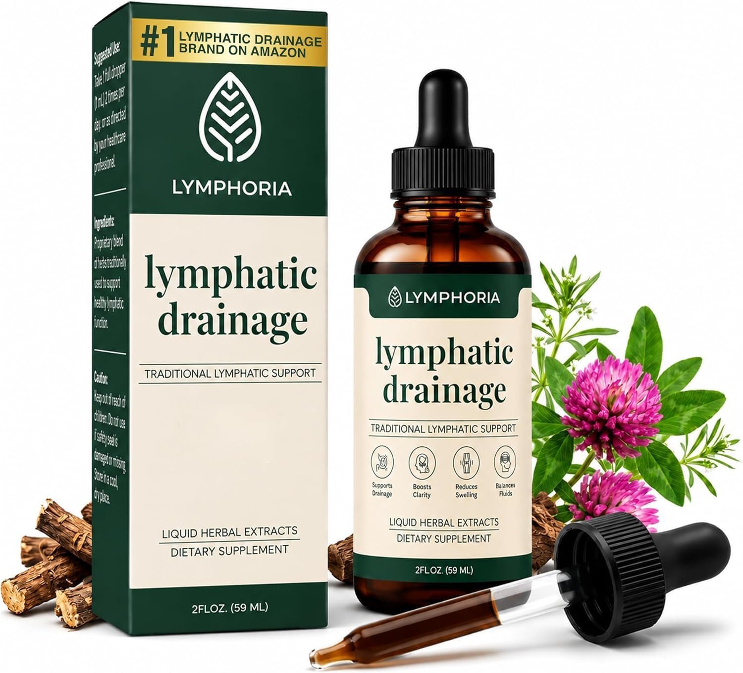 Lymphatic Drainage Drops for Bloat Relief & De-Puff – Cleavers, Red Clover, Stillingia Root & Prickly Ash Bark – Lymph Node Detox Cleanse, Fluid Retention – Alcohol-Free, Vegan, 2 Fl Oz