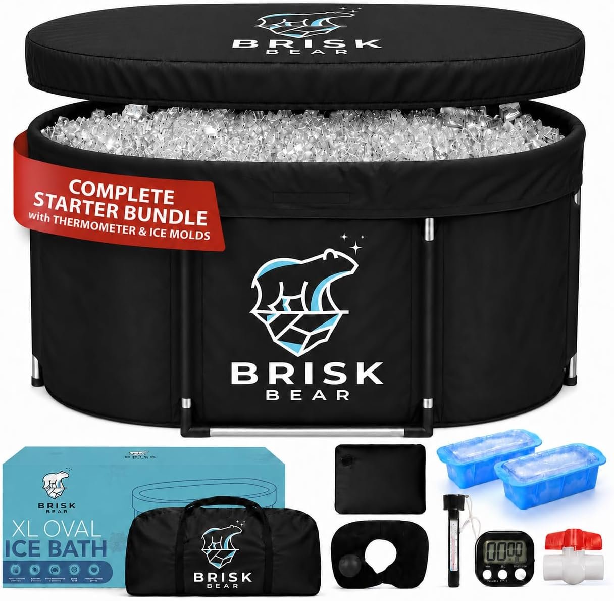 XL Oval Ice Bath Tub for Athletes with Cover by Brisk Bear – Extra Large Cold Plunge Tub for Recovery – Ice Tub with Digital Timer, Thermometer & Reusable Ice Molds – Cold Plunge to Soothe Muscles